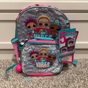 LOL Girl Backpack Set 5 piece Sequin School Book Bag Lunch Box Set New BFF Vibe